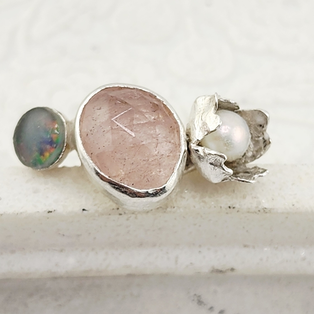 ROSE QUARTZ, LABRADORITE & FLOWER PEARL RUNG HANDMADE IN STERLING SILVER SZ 5